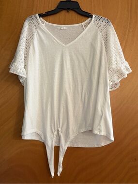Maurices White V-Neck Crochet Sleeve Tie-Front Top